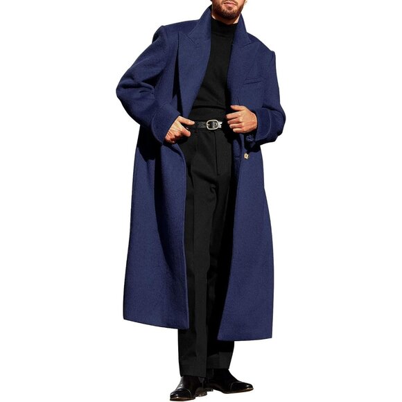 Men's Navy Wool Blend Pea Coat Notched Collar Double Breasted Trench Coats